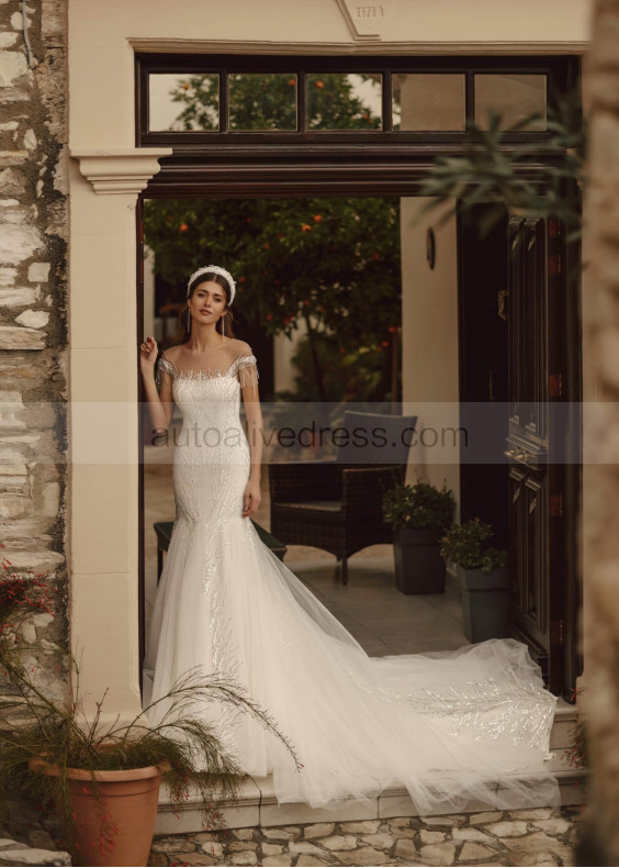 Short Sleeves Ivory Glitter Lace Tulle Anniversary Wedding Dress Short Sleeves Ivory Glitter Lace Tulle Anniversary Wedding Dress